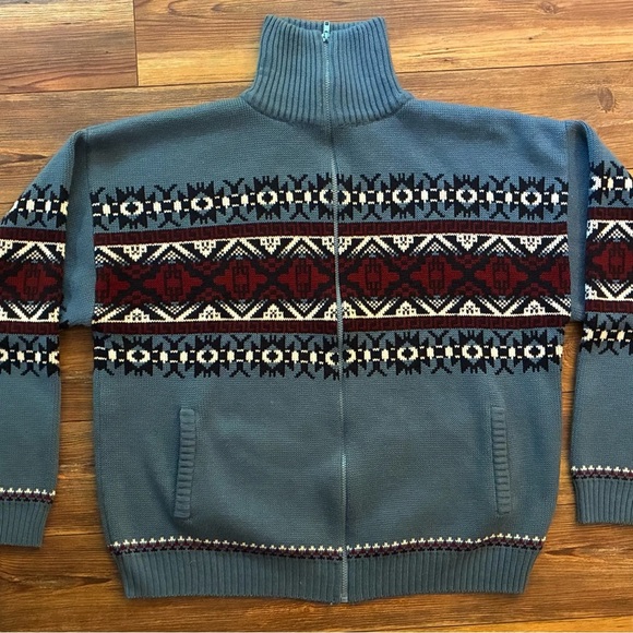 Vintage John Blair Nordic Fair Isle Zip Sweater Jacket Blue Red Geometric XLG - Picture 4 of 12